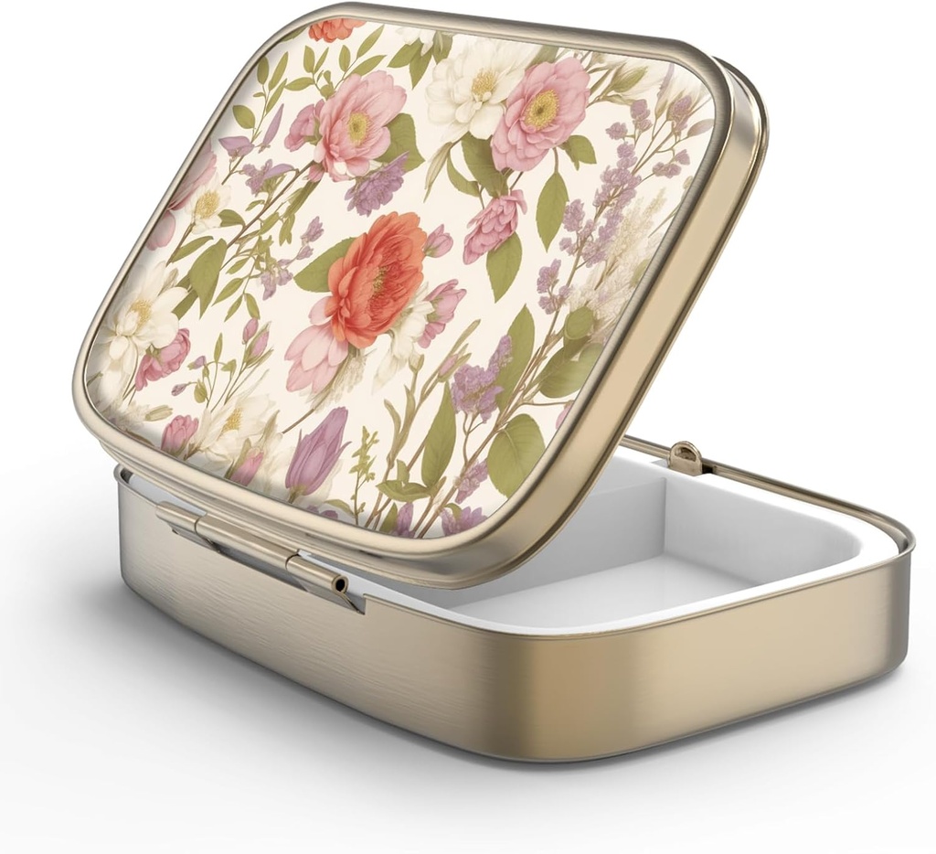 Pille Case Pille Box mit Spiegel Retro 2 Compartment Small Pill Case für Geldbörse oder Tasche Bronze Rechteckige Pille Box oder Vitamine, Fischöl, Nahrungsergänzungsmittel, Pille Enthalten Reise-Geschenke(Retro Red Flowers)