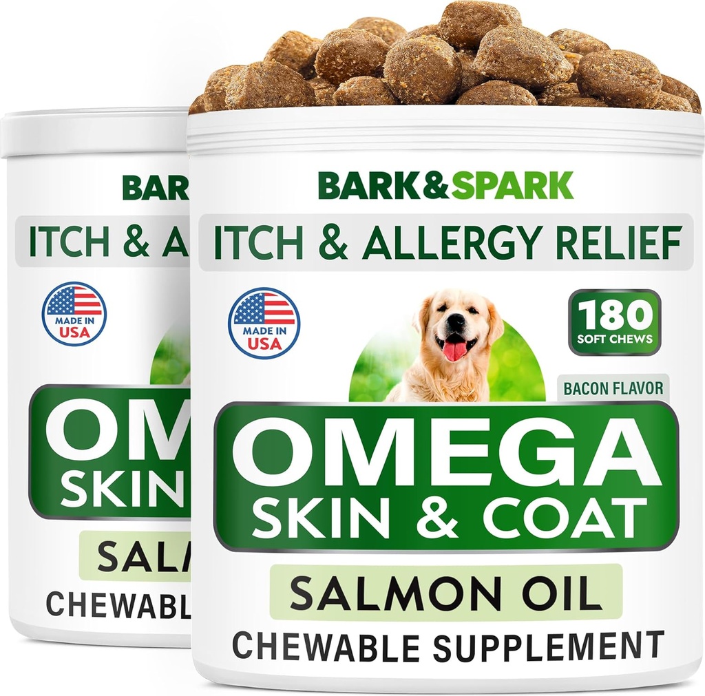 BARK&SPARK Omega 3 für Hunde - 360 Fish Oil Treats for Dog Shedding, Skin Allergy, Itch Relief, Hot Spots Behandlung - Joint Health - Skin and Coat Supplement - EPA & DHA Fettsäuren - Lachsöl - Bake