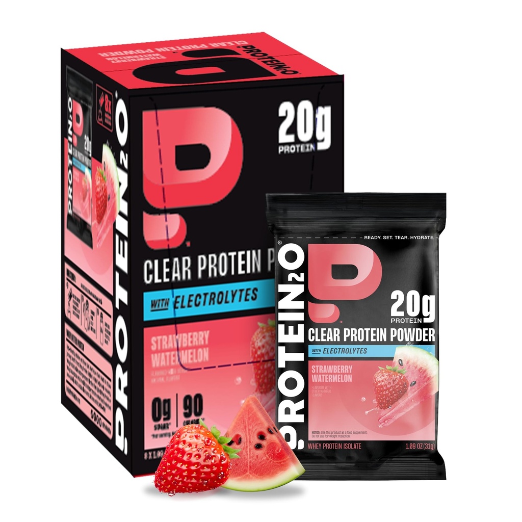 Protéines2o 20g Protéines de lactosérum Isolées Poudre de protéines claires, 360mg d'électrolytes, vitamines B5 et B6, sans sucre, pastèque fraise, 8-pack