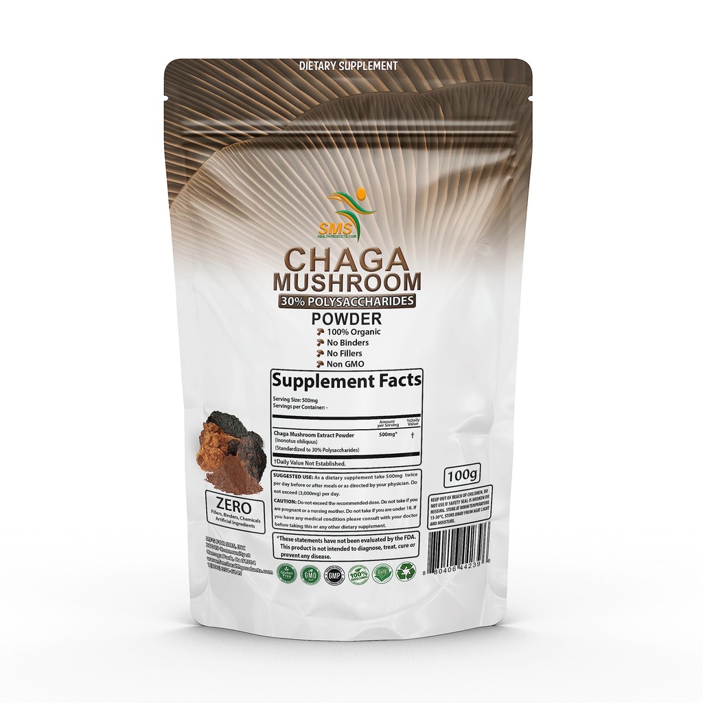 Chaga Mushroom Extract Powder 30% Polysaccharides - Chaga Mushrooms Powder - Chaga Extract - Mushroom Supplement - Organic, Gluten Free, 100g