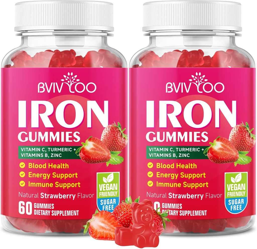 2 Pack Gommies de fer végétalien pour adultes et enfants - avec vitamine C, A, B-Complex, Folate, zinc et biotine - pour la construction de sang et soutien énergétique, 120 Gommies