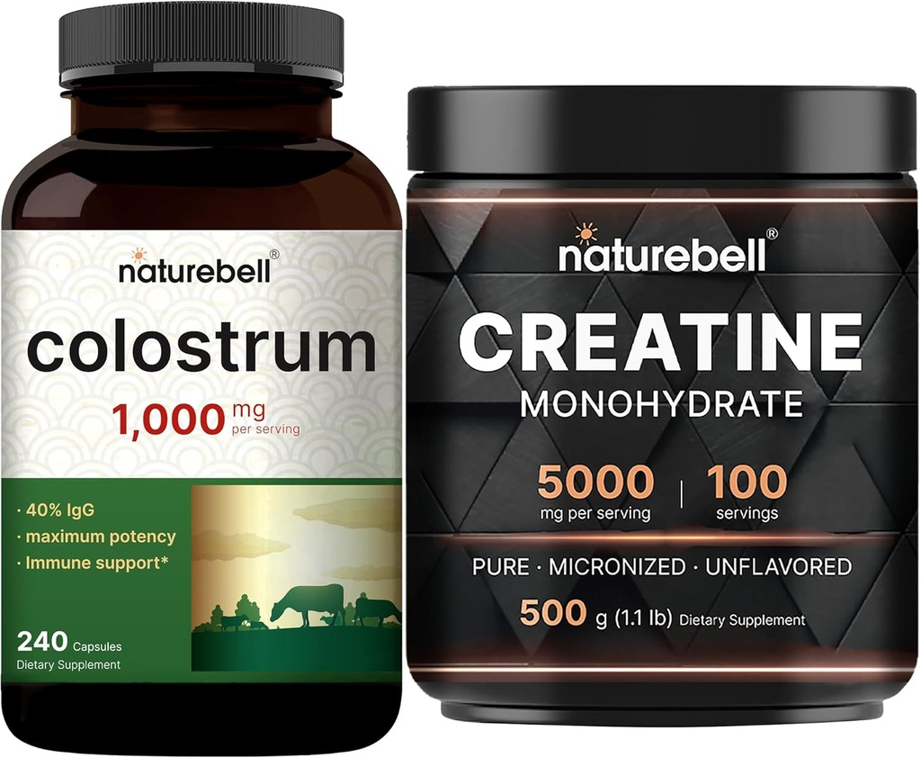 NatureBell Creatine Monohydrate Poudre et Colostrum 240 Capsules 1000mg Par Servant Pack de Bundle.