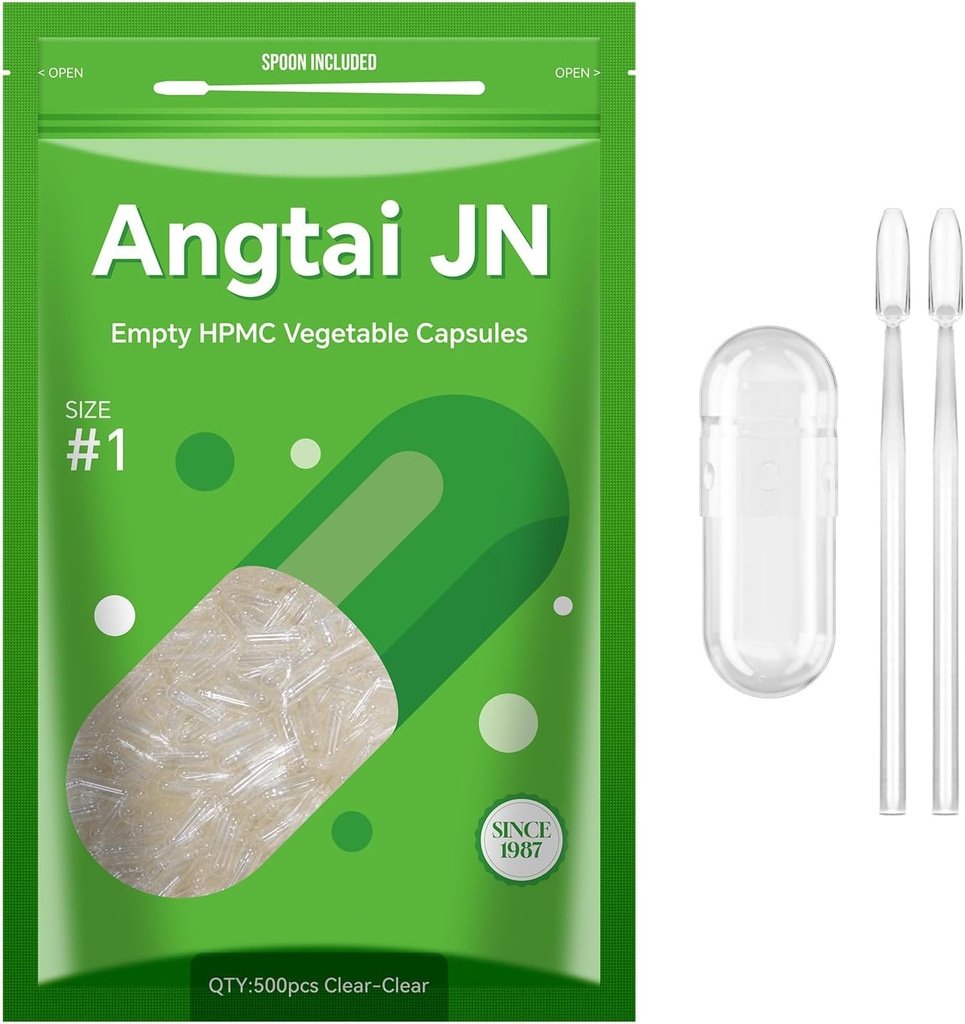 Taille 1 Capsules vides à base végétale végétalienne clair (500 Nombre) Sans gluten, sans OGM, bouchons de pilules certifiés Halal avec 2 cuillères pour le bricolage végétarien vos propres suppléments
