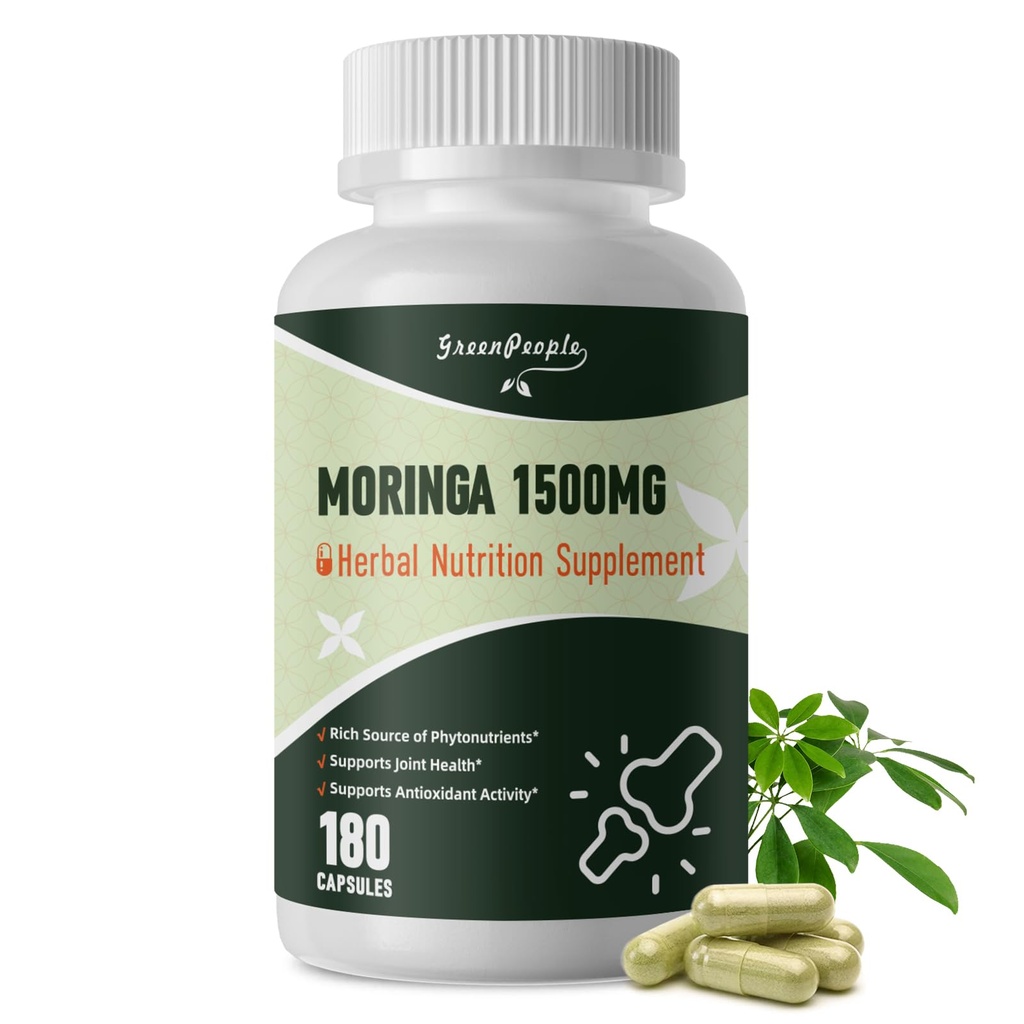 GREENPEOPLE Whole-Leaf Moringa Capsules 1500mg - High Potency 10:1 Moringa Oleifera Leaf Extract - Natural Green Superfood for Energy & Immune Support - Vegan, Non-GMO, Caffeine Free - 180 Count