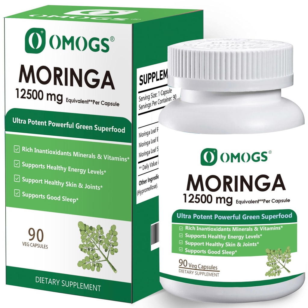 OMOGS Moringa Capsules, Pure Moringa Oleifera Leaf Powder Supplement, Rich Inantioxidants Minerals & Vitamins, for Energy, Metabolism, Immunity & Sleep, Non-GMO, 90 Veg Capsules