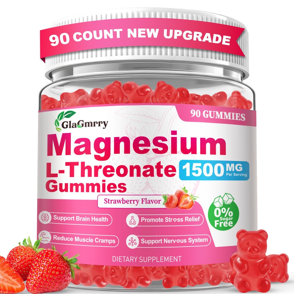 90 Count Magnesium L-Threonate Gummies, High Absorption Magnesium Threonate Supplement for Adults & Kids, Support Brain Health, Memory, Focus, Restful zzZ & Muscle, Sugar Free, Vegan, Non-GMO