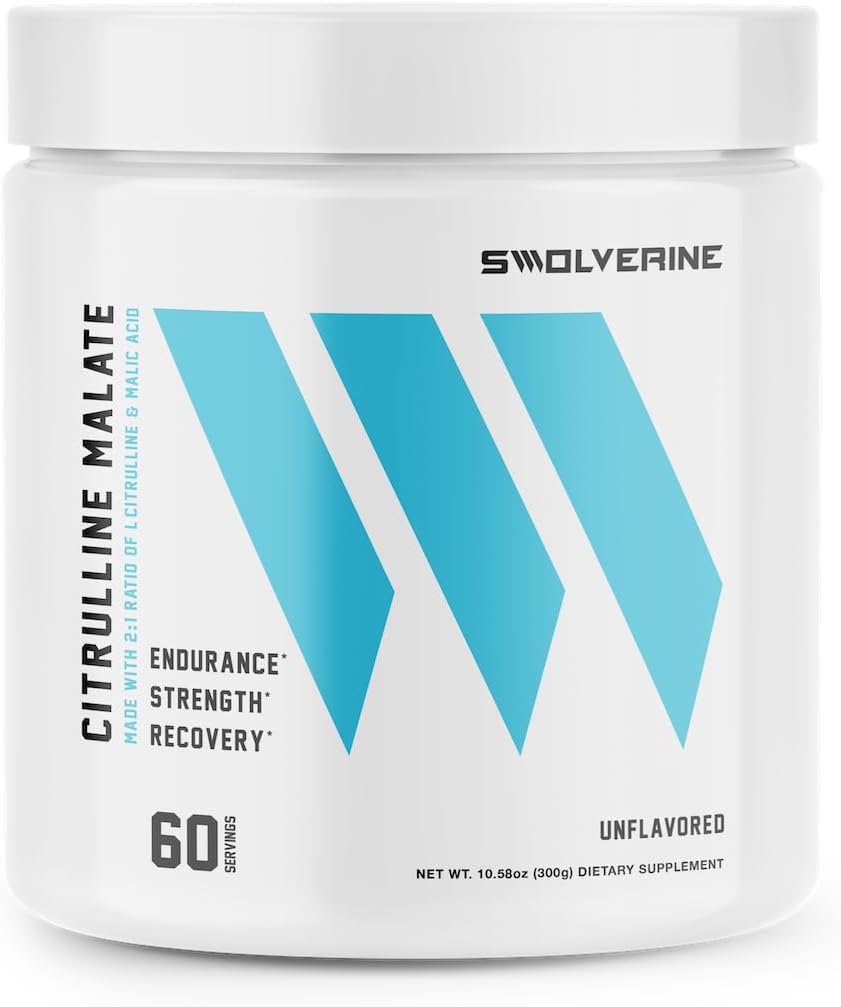 Malate de Citrulline de Swolverine 2 : 1 : 2 : 1 Rapport entre la L-Citrulline et l'acide malique, Augmente la force, Améliore l'endurance musculaire, Boost NO, Optimise la récupération, 300g, 5g par service, Non aromatisé (60 services)