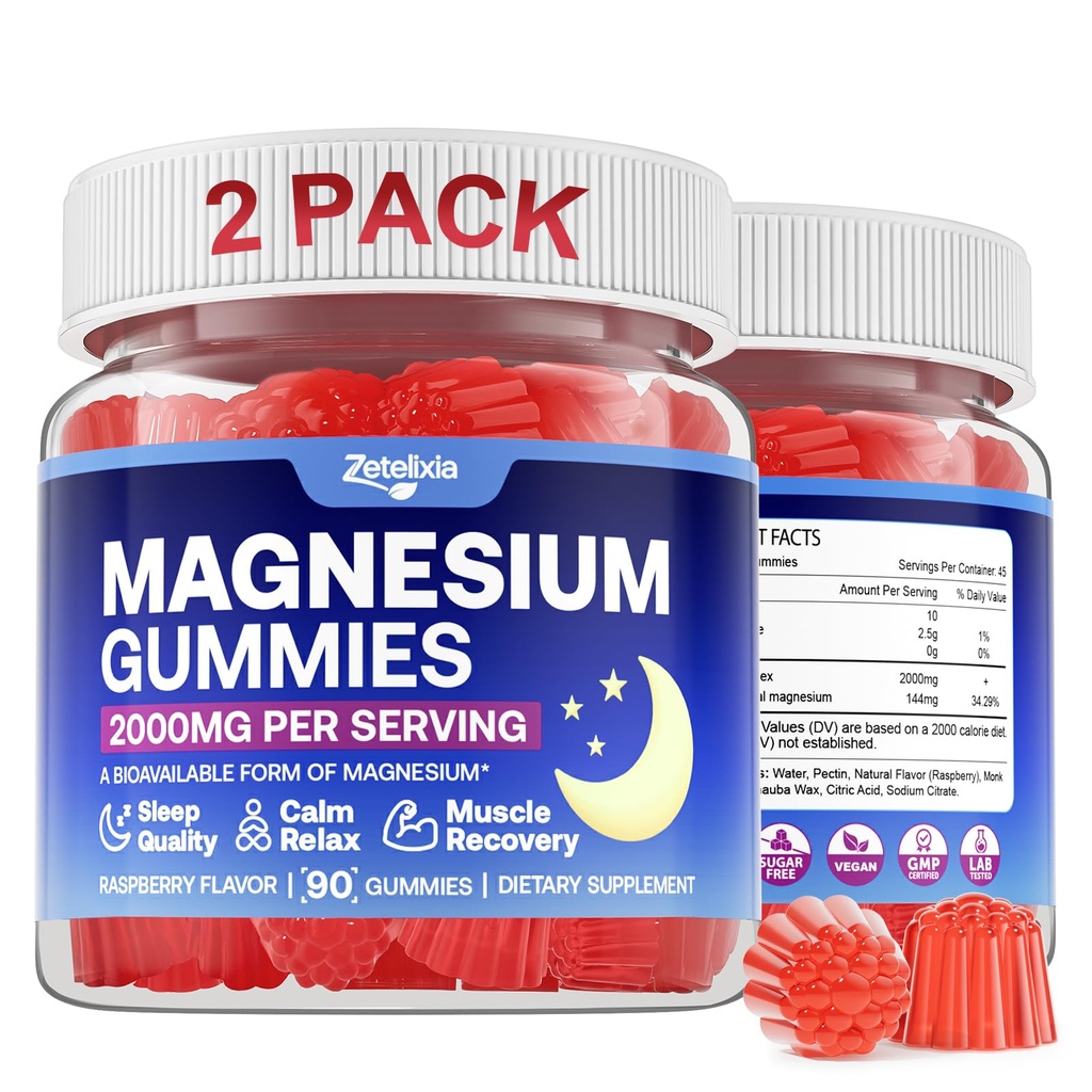 180 Count | Magnesium Gummies for Women & Men, Support Calm, Restful Sleep & Muscle Health, Sugar Free, Vegan, Non-GMO, Raspberry Flavor