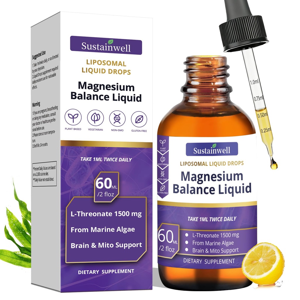 Magnesium L-Threonate Liquid Drops 1500mg High Absorption Brain Supplement for Memory Focus Sleep Sugar Free Vegan 2.04 Fl Oz, GMP Certified for Kids and Adults