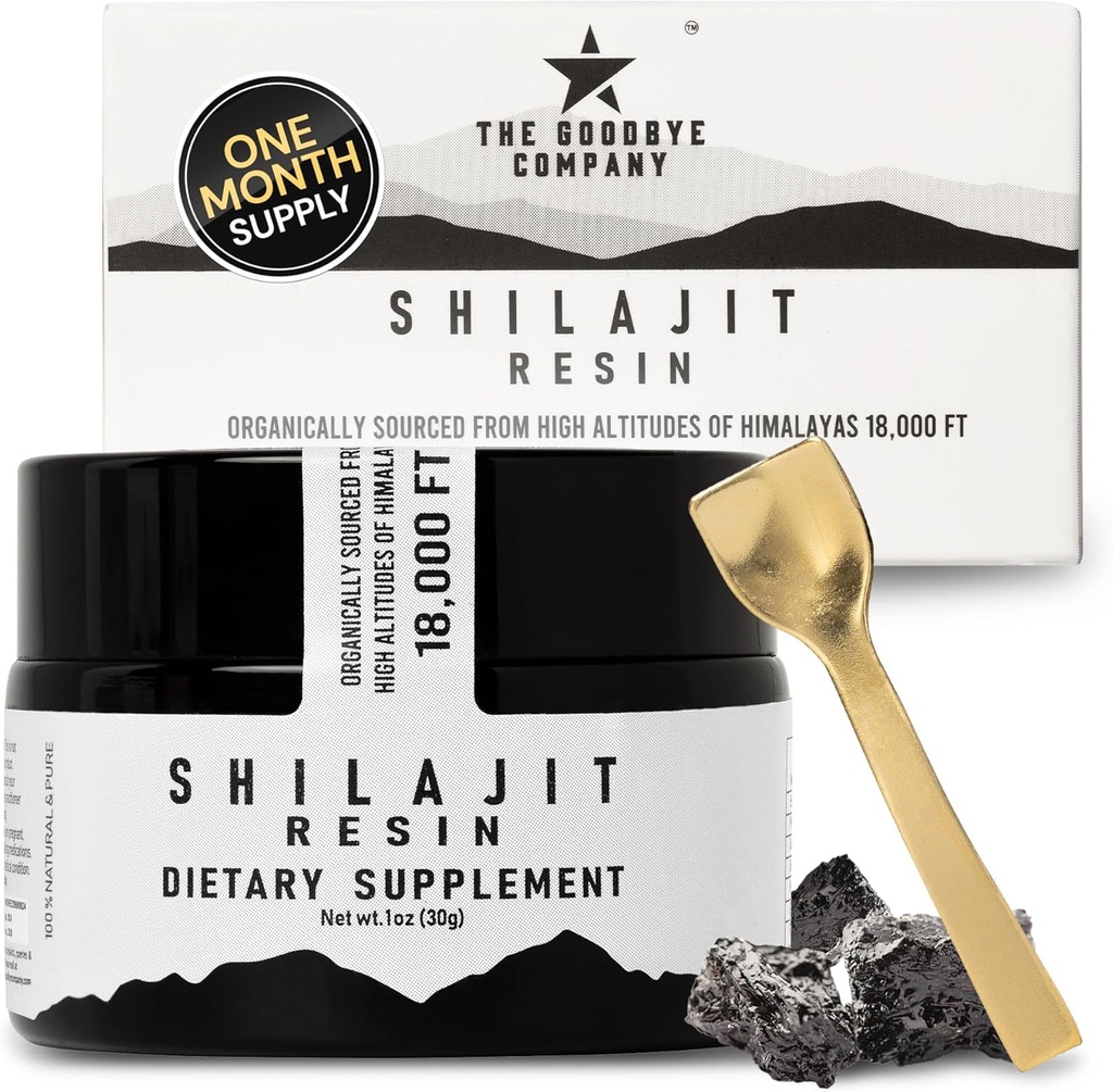 The Goodbye Company Pure Shilajit Resina – Organico con 85+ Minerali Trace e Acido Fulvico puro; per uomini e donne Energia Boost, costruzione del muscolo, Stamina, Vitality Supplemento 3-Months Alimentazione