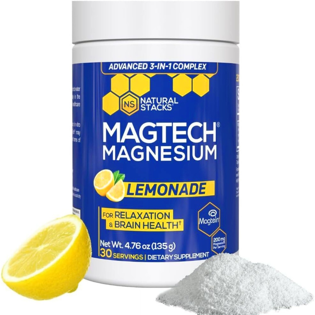Magtein Magnesium L-Threonat, Glycinat & Taurat - MagTech Magnesiumpulver - Zuckerfreies Limonadengetränk - 200mg Chelated Triple Complex - Unterstützt Entspannung & Gehirngesundheit * - 30 Portionen