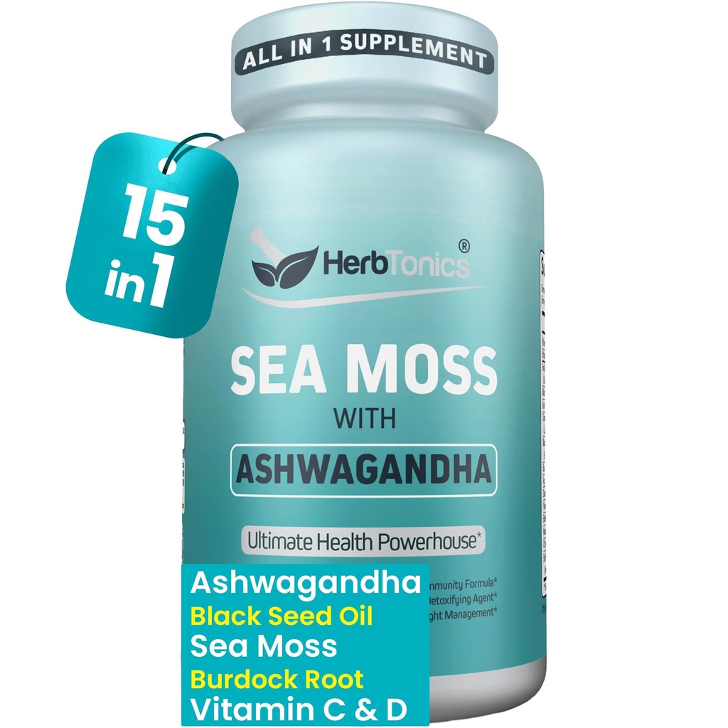 Herbtonics Sea Moss, Black Seed Oil, Ashwagandha, Burdock Root & ACV Complex (en anglais seulement) Boost Immunity, Reduce Stress, Support Digestion (en anglais seulement) Capsules tout-en-un SeaMoss (en anglais seulement)