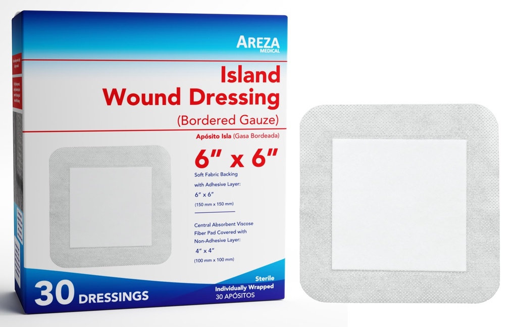 Areza Medical - Bordered Gauze Island Dressing - Wound Dressing - Latex Free - sterile - 6" x 6" - 30 per Box