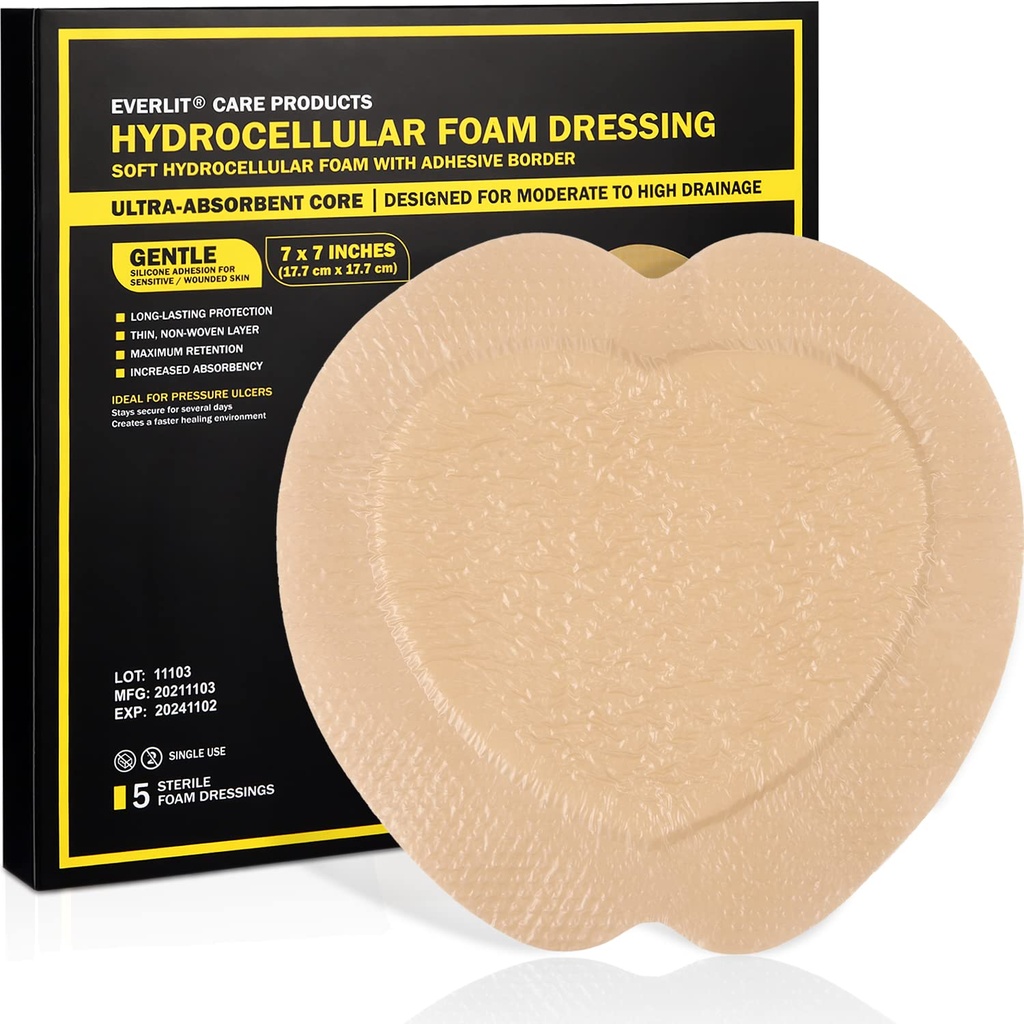 EVERLIT Sacrum Silicone Foam Dressing | Highly-Absorbent Waterproof Sacral Bandage Pad for Bed Sore Pressure Ulcer Wound Care | Sterile Adhesive Dressing for Chronic Wounds (7" x 7" | 5 Pack)