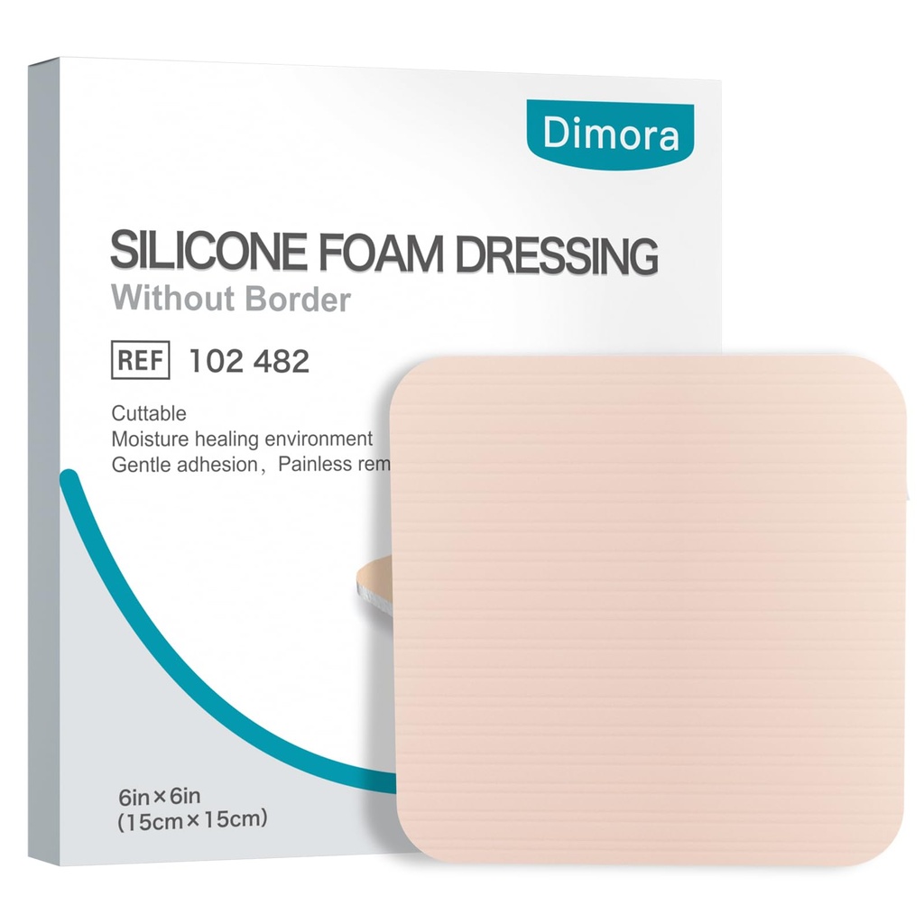 Dimora Silicone Foam Dressing Without Border - 6"x 6" Highly Absorbent Adhesive Bandages for Wounds Cuttable Pads for Wound Care 5 Pack