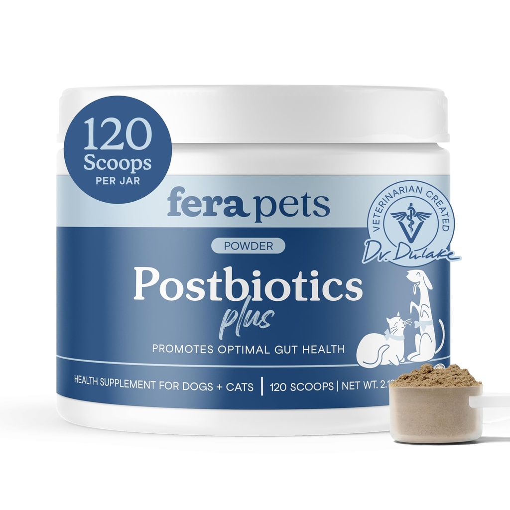 Fera Haustiere Postbiotics Plus Präbiotika für Hunde & Katzen - mit Slippery Elm - Fördert optimale Verdauungs-Gesundheit & Entzündungsreaktion - verbessert Immunität - 120 Scoops