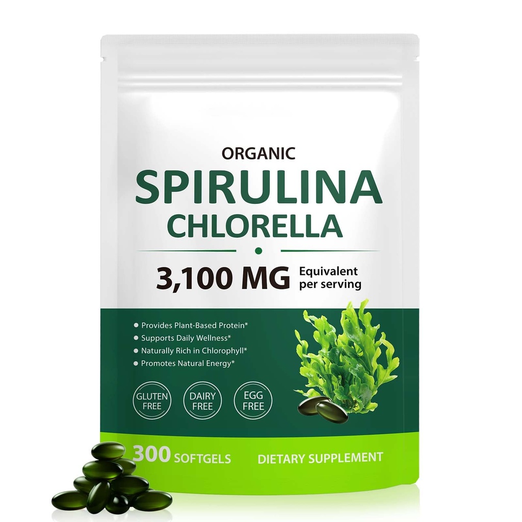 Spirulina Chlorella Capsules, 17-in-1 Supergreens Blend Rich in Protein, Clorofilla, Vitamine, Supporti Energia, Immune & Gut Salute, Assorbimento facile,300 Softgels