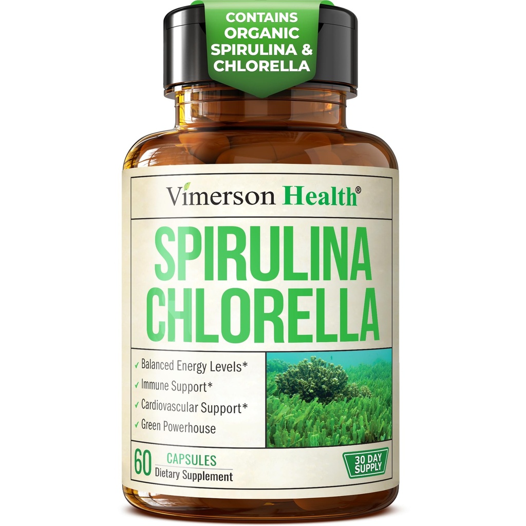 Organische Spirulina- und Chlorella-Kapseln - Spirulina-Kapseln mit Chlorella-Pulver für Immun-, Antioxidans- und Energieunterstützung. Nahrhaft Super Grün. Vegan & Non-GMO. Dritte getestet. 60 Kapseln