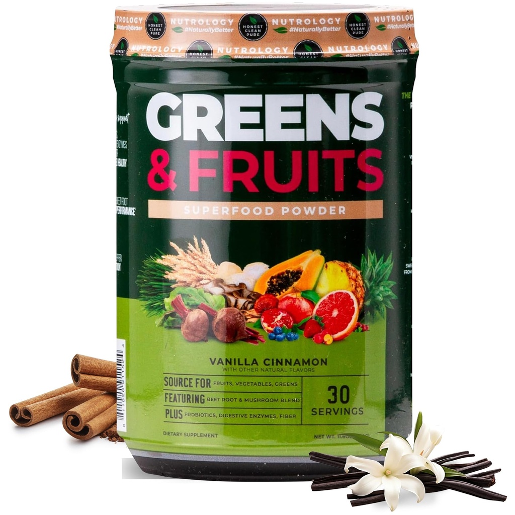Nutrology Greens & Fruits Powder-Naturally Sourced Superfood, Beet Powder, Mushroom Blend, Probiotics, Verdauungsenzyme, Fiber, Antioxidantien, Immununterstützung, Glutenfrei - Vanilla Cinnamon