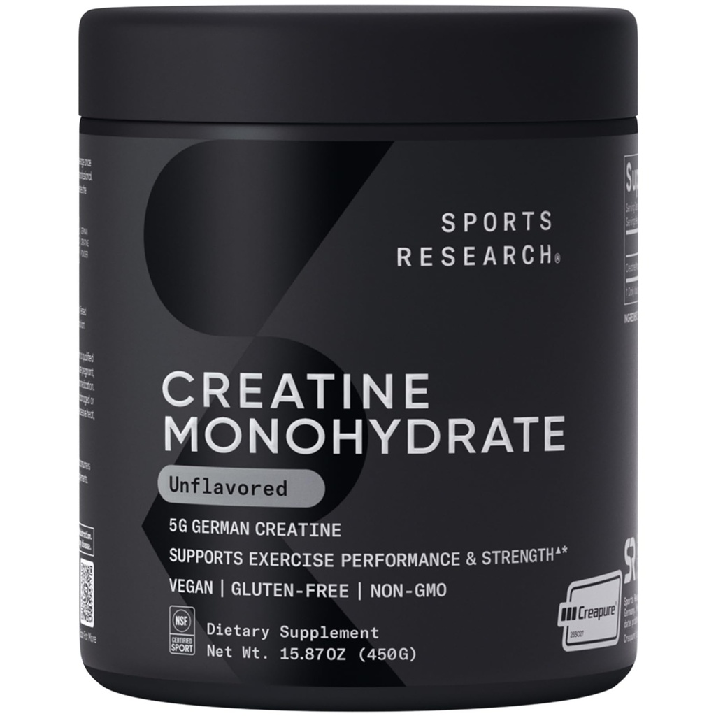 Sports Research® Creatine Monohydrate Powder w/Creapure® - Gain Lean Muscle, Improve Performance, & Support Workout Recovery* - 5g German Creatine · NSF Sport · Easy Mixing - 90 Servings (Unflavored)