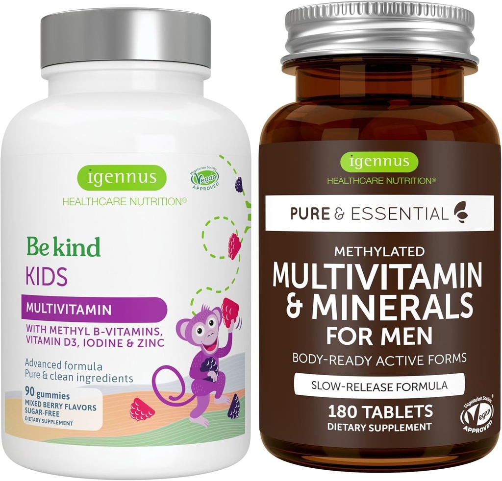 Methylierte Kinder Multivitamin Gummy + Methylierte Männer Multivitamin Bundle, MTHFR Ergänzungen mit aktiven B-Vitamins, Clean Label, von Igennus