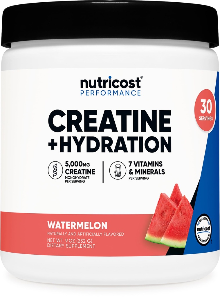 Nutricost Creatine Monohydrat + Hydration Wassermelone Flavored (30 Servierungen) - 7 Vitamine & Minerale, 5000 mg Kreatin pro Servierung
