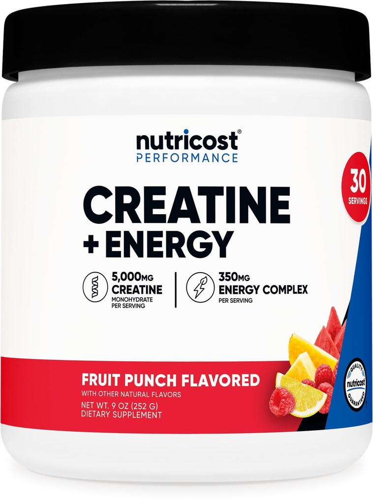 Nutricost-Kreatin + Energie 30 Portionen (Fruit Punch aromatisiert) - 5.000 mg Kreatin-Monohydrat + 350 mg Energiekomplex pro Portion