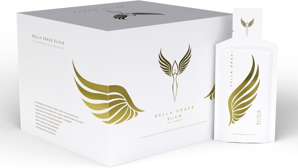 Bella Grace Elixir Collagen Peptides Supplement für Hautpflege und Gesundheit mit Verisol Collagen, AstaReal Astaxanthin und Cat's Claw, unterstützt Collagen Regeneration, Antioxidantienschutz, 30 Portionen