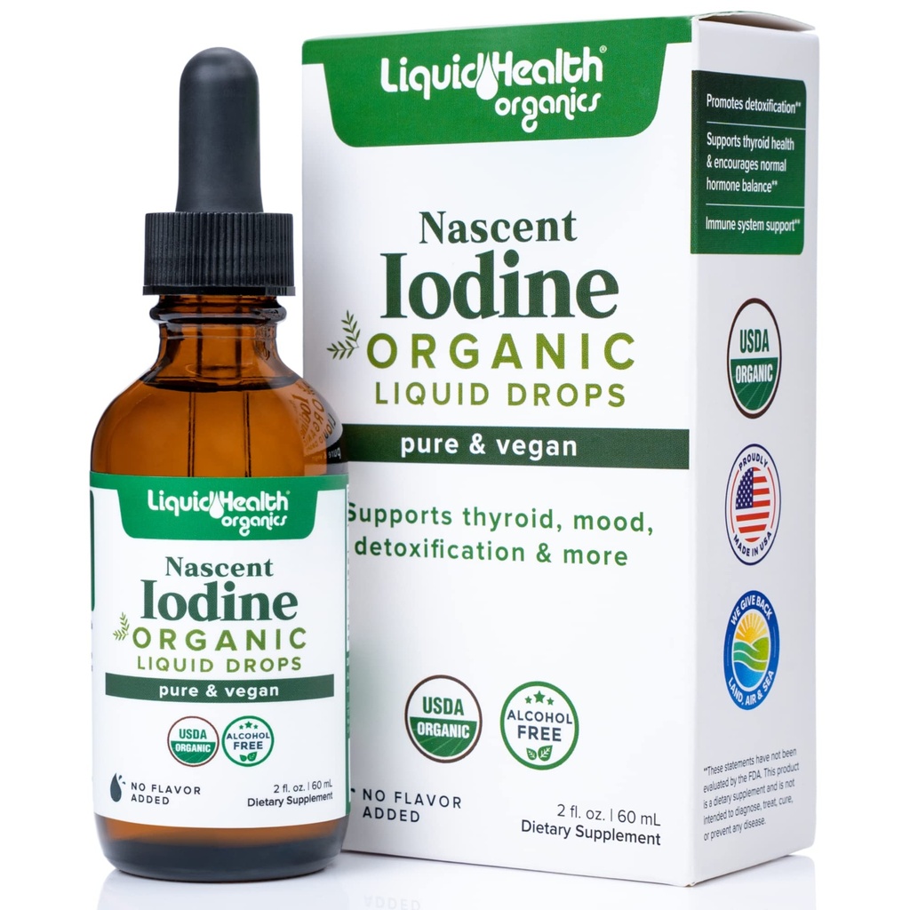 LIQUIDHEALTH USDA Organic Nascent Iodine Liquid Drops, Pure Iodine Supplement for Thyroid & Immune Support, Energy Supplement - Made in USA, Vegan, Colorless, Tasteless Tincture (2 oz)