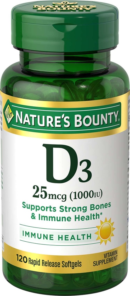 Nature's Bounty Vitamine D3 supplément de vitamine, soutient le système immunitaire et la santé osseuse, 1000IU, 120 Softgels