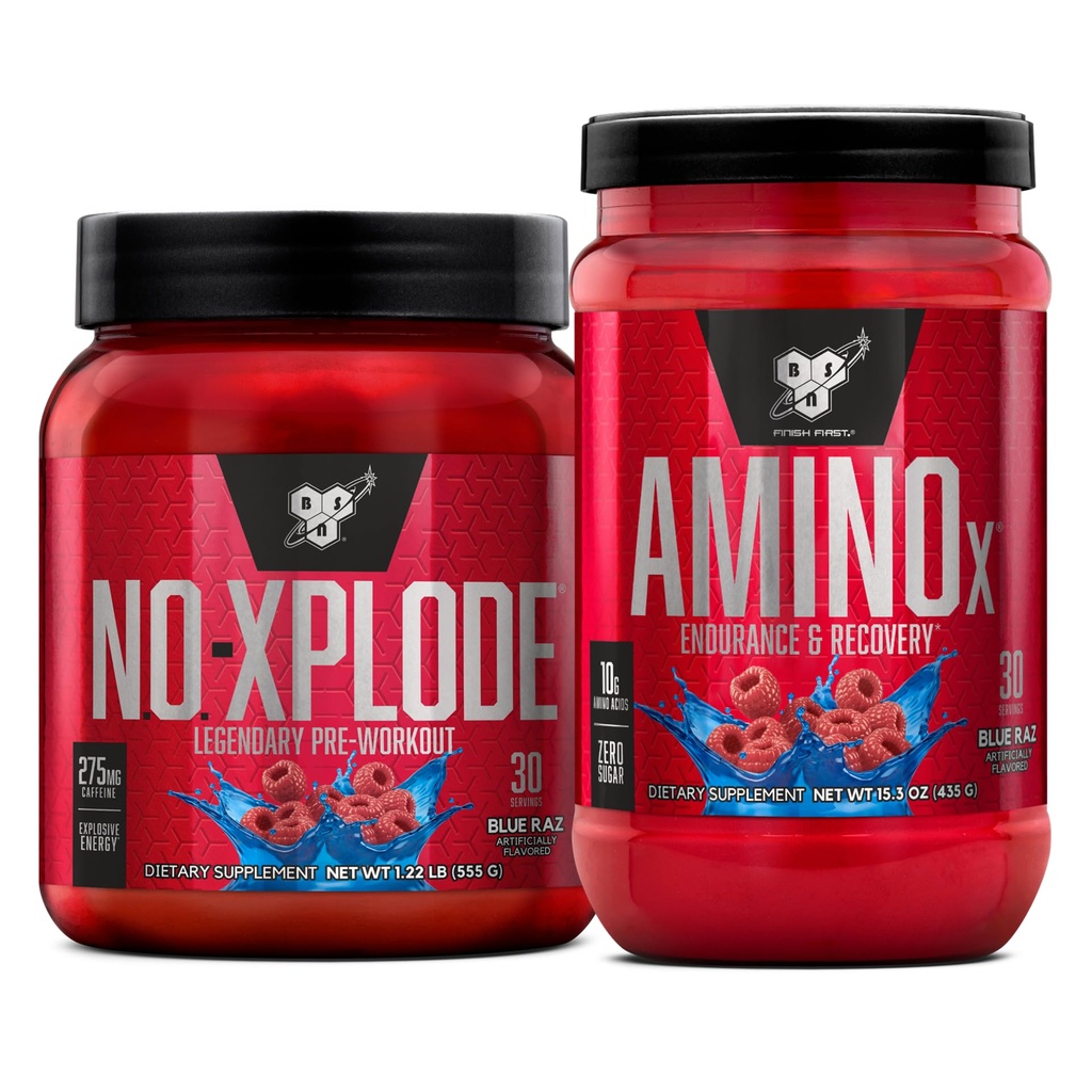 BSN Workout Bundle of NO XPLODE Pre Workout Powder Blue Raz, 30 portions AMINO X Muscle Recovery Intra Workout Support, Caffeine Blue Raz, 30 portions