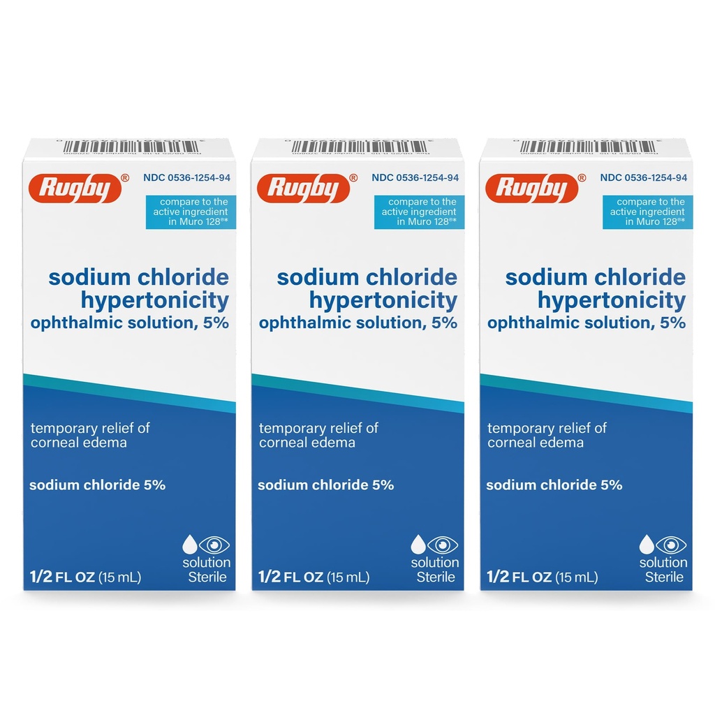 Rugby Sodium Chloride Hypertonicity Ophthalmic Eye Solution 5% - Sodium Chloride Eye Drops for Temporary Corneal Edema Symptom Support - Alcohol-Free - 0.5 Fl. Oz. (3-Pack)