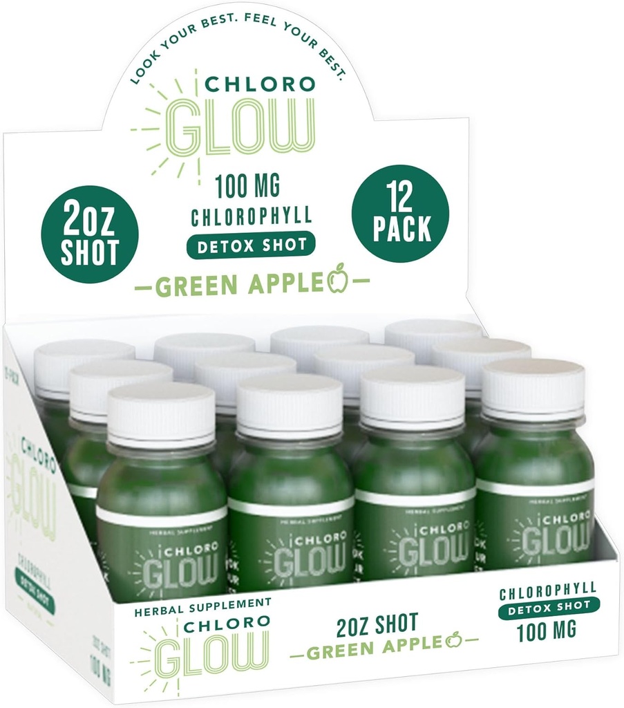 Chloroglow Chlorophyll Shots – Bio-Pflanzenbasiertes grünes Apfelgetränk für Immununterstützung und Körperreinigung – Natürliche Ergänzung (12 Pack)