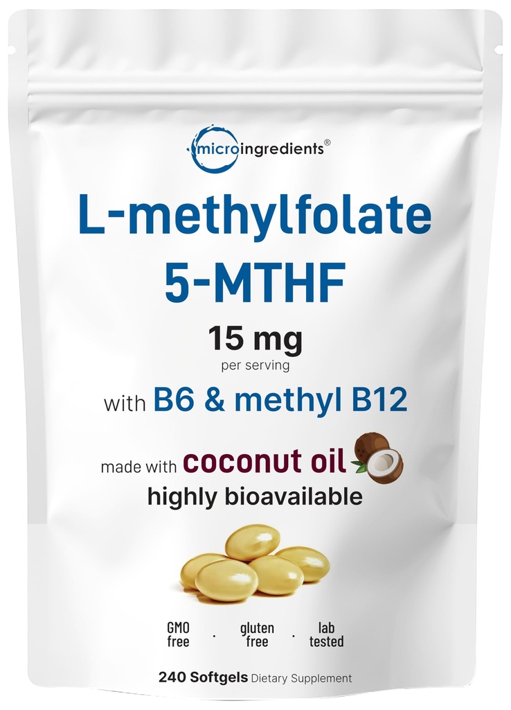 Micro Ingredienti L Methylfolate 15mg, 240 Softgels | Attivo 5-MTHF con B6 & Methyl B12 | Vitamina Methylated B9 con olio di cocco
