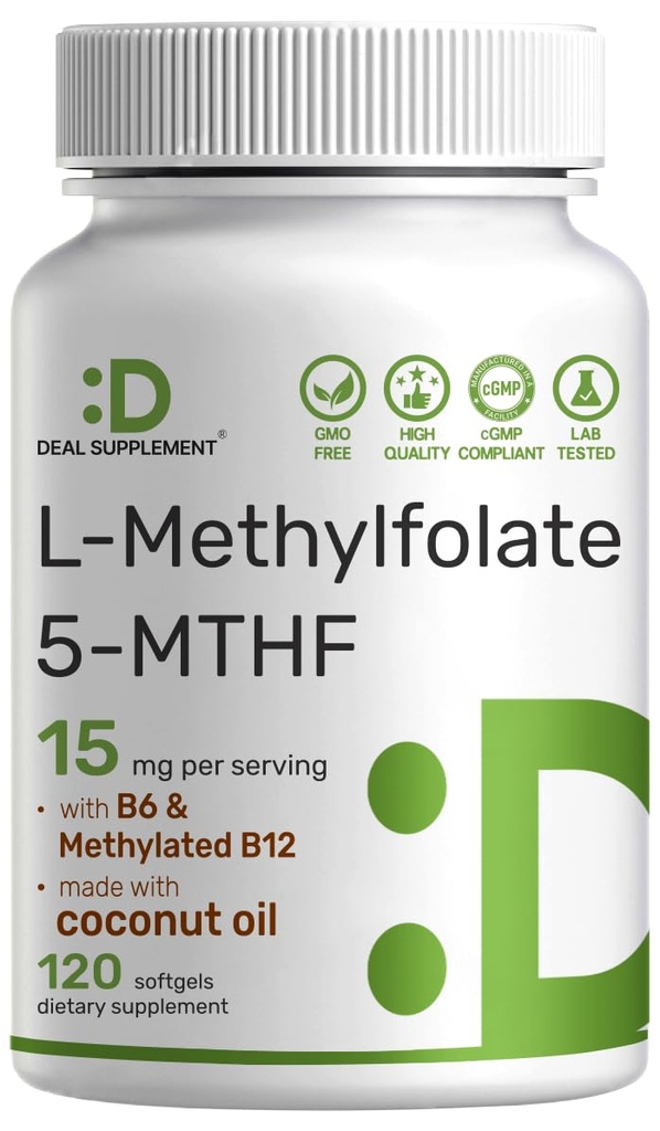 SUPPLEMENTO DEALE L-metilfolato 15 mg Per la sega, 120 Softgels olio di cocco | 3-in-1 con vitamina Methylated attivo 5-MTHF B9, B6 & Methylated B12 | supplemento di follia attiva | Non OGM, senza glutine