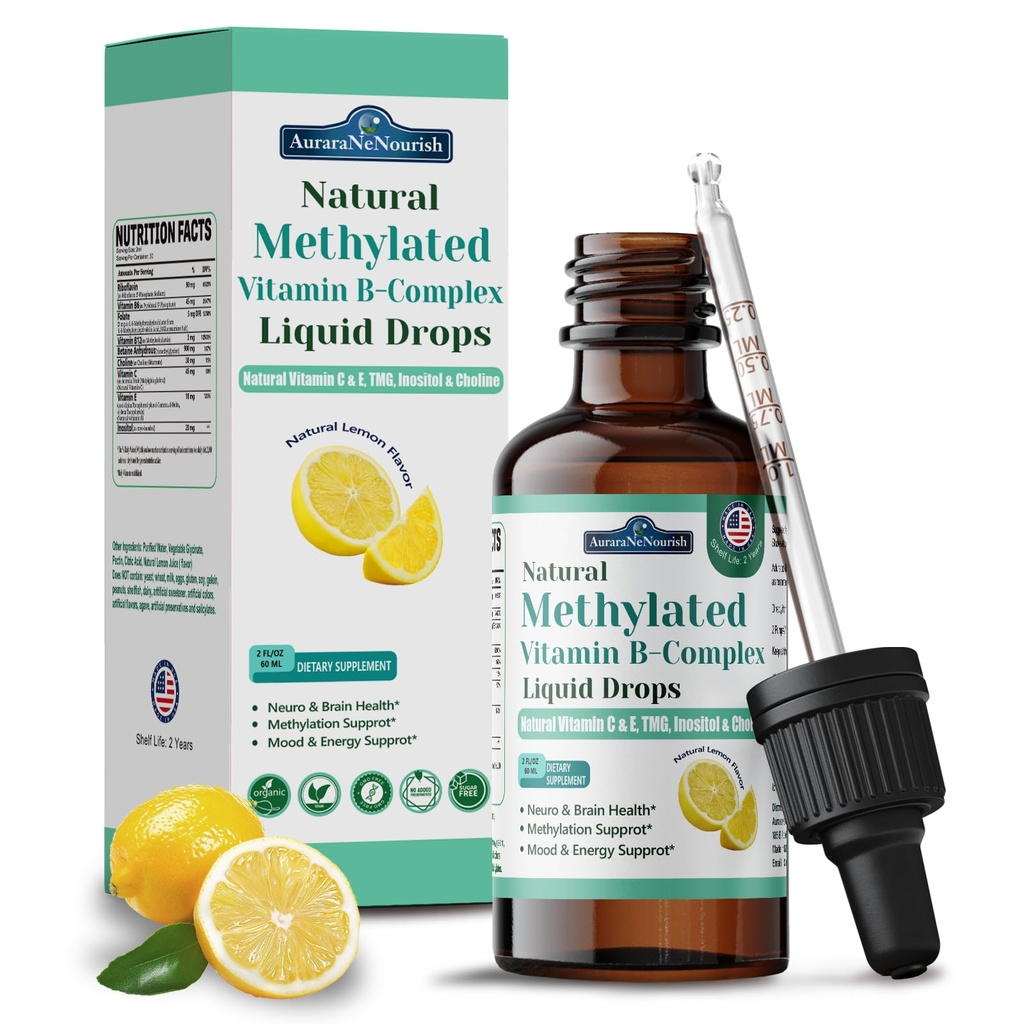 Méthylated B complexe gouttes liquides, 9-en-1 Super B-Complex Méthylated Multivitamine w. méthylfolate B12 TMG Inositol Vitamine C E, Méthyl Vitamine B complexe pour hommes et femmes