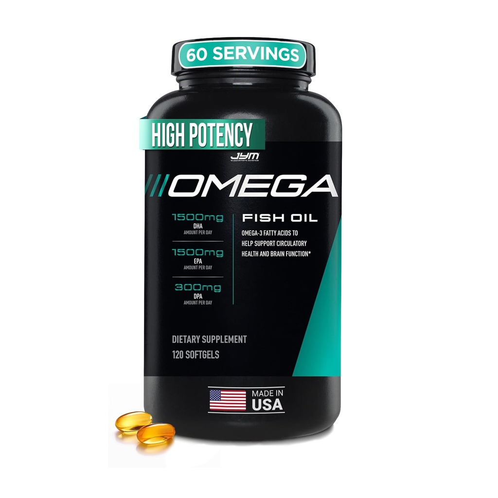 Supplément JYM Science Omega JYM Huile de poisson 2800mg, Omega haute puissance 3, EPA, DHA, DPA pour le cerveau, le cœur et le soutien des articulations 120 gels doux