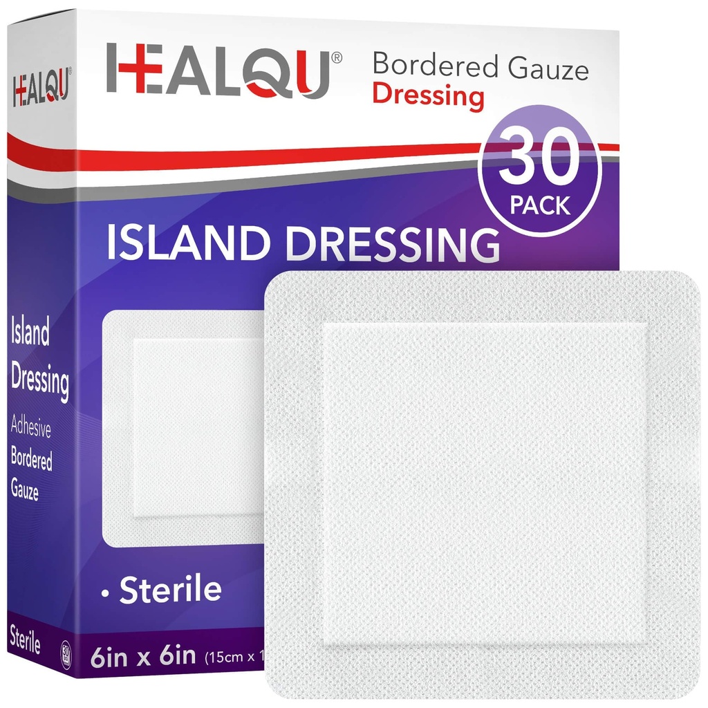 HEALQU Island Dressing - 6"x6", 30 Count - Bordered Gauze Sterile Individually Wrapped Gauze Pads, Water-Resistant, Non-Woven Backing - Soft and Breathable Wound Dressing for First Aid and Medical