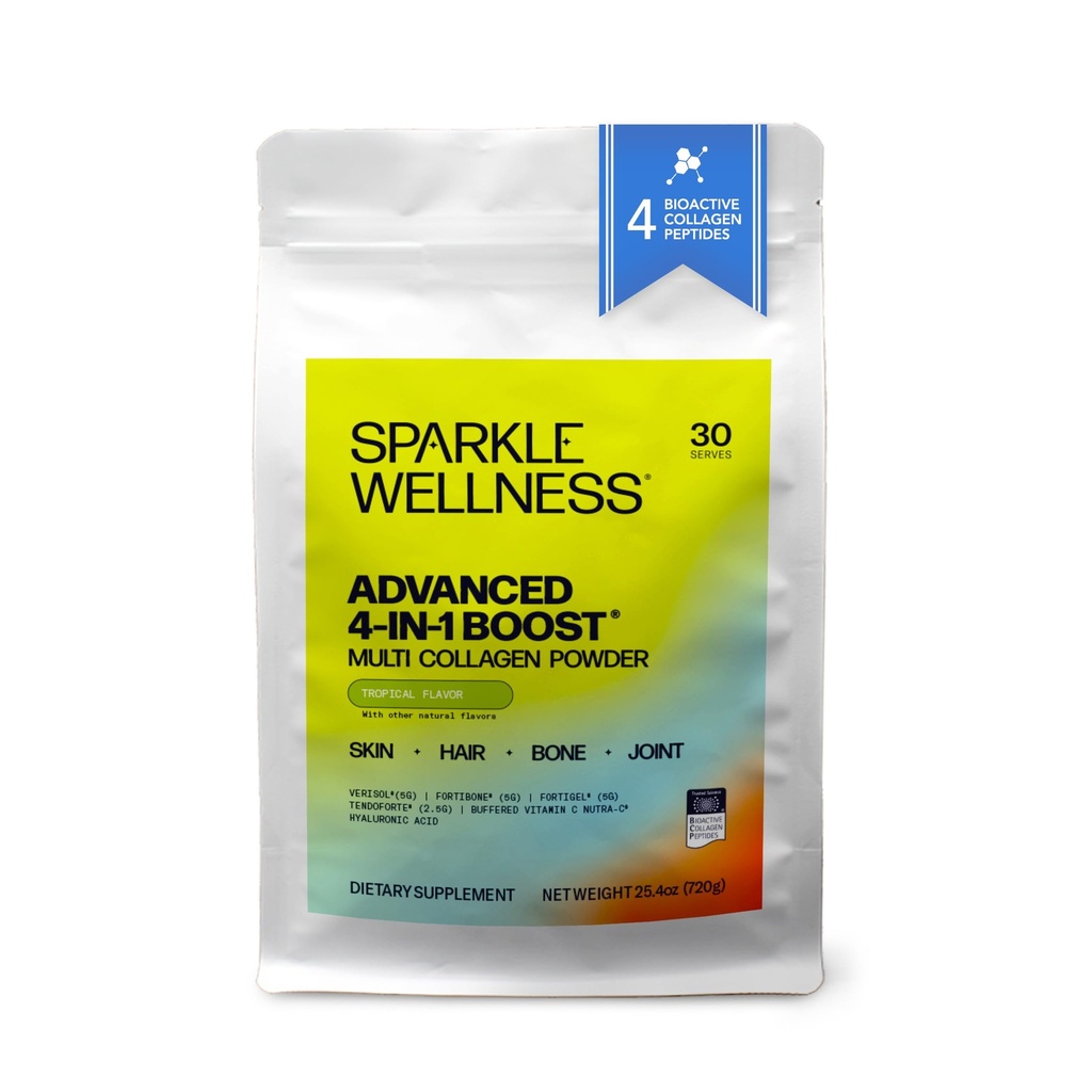 Sparkle Wellness Advanced 4-in-1 Boost | Clinically Tested Multi Collagen Powder with VERISOL, FORTIBONE, FORTIGEL, TENDORFORTE with HA and Vitamin C | Skin, Bone, Joint Health | Tropical
