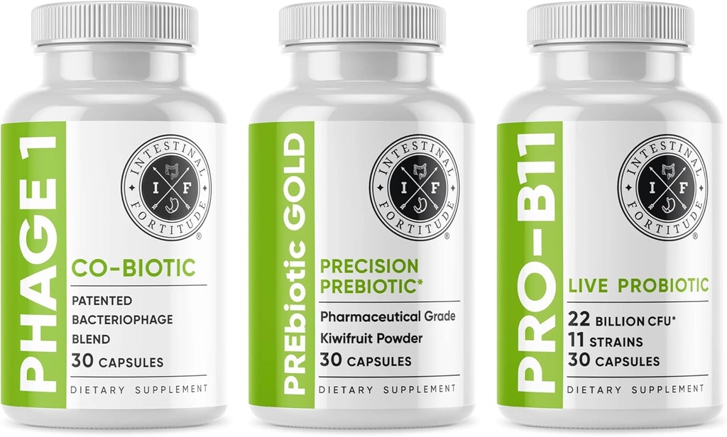 Intestinal Fortitude Gut Health Supplement Bundle - Prebiotic Gold, PRO-B11, Phage 1 - w/Gold Kiwifruit Pectin, SCFAs, e 22 miliardi di CFU per il supporto Microbiome, Gluten, Soy, & Dairy-Free Capsule