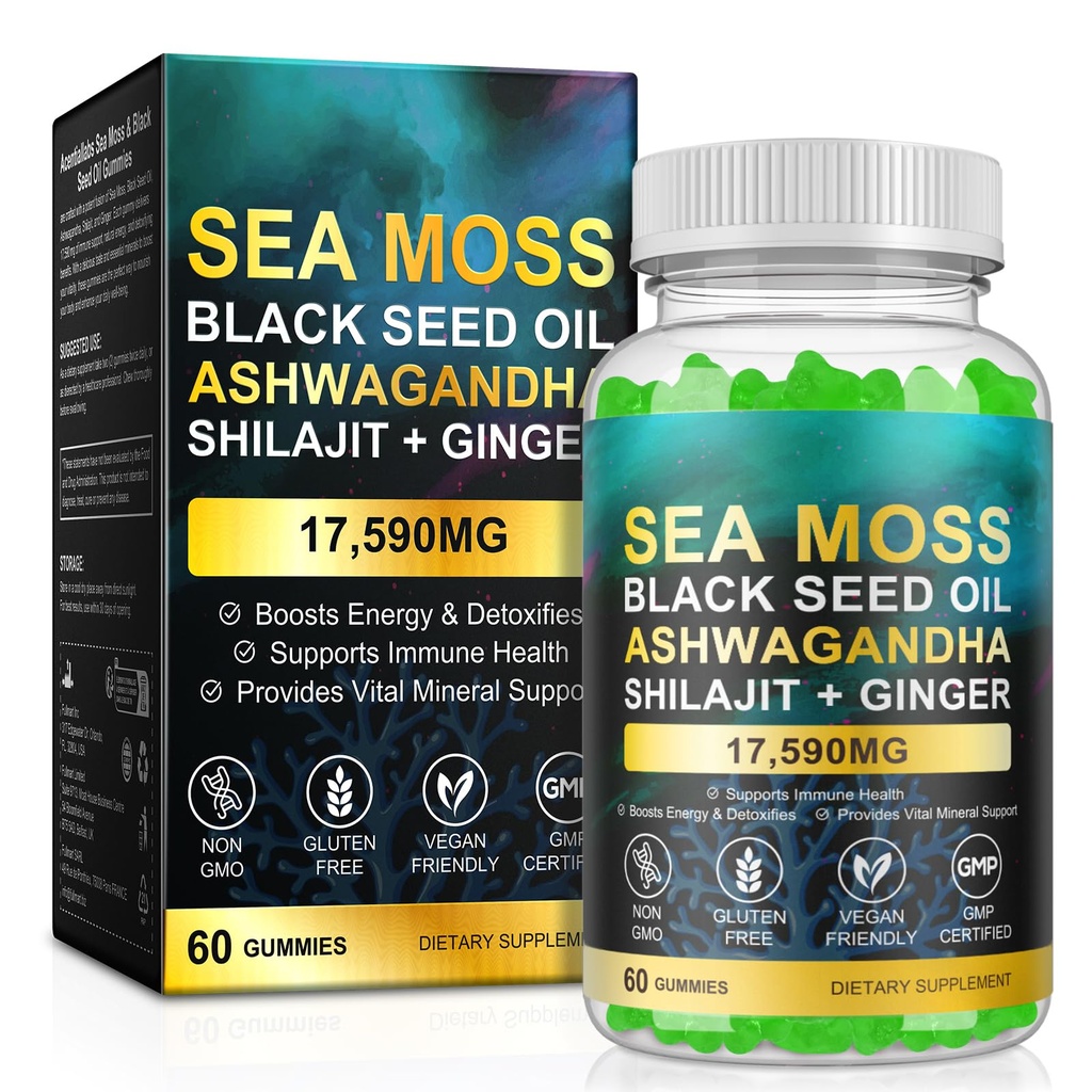 Sea Moss Gummies,with Elderberry Black Seed Oil,Ashwagandha&Ginger,Natural Irish Sea Moss for Immunity & Energy Supplement for Women,Men,Extra Strength,Great Tasting (1 Pack)