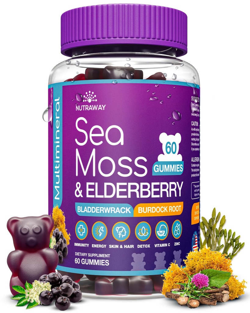 Sea Moss Gummies with Elderberry, Vitamin C & Zinc - 102 Minerals from Irish Sea Moss, Bladderwrack & Burdock Root for Immune Support - Vegan Seamoss Supplement (Pack of 1)