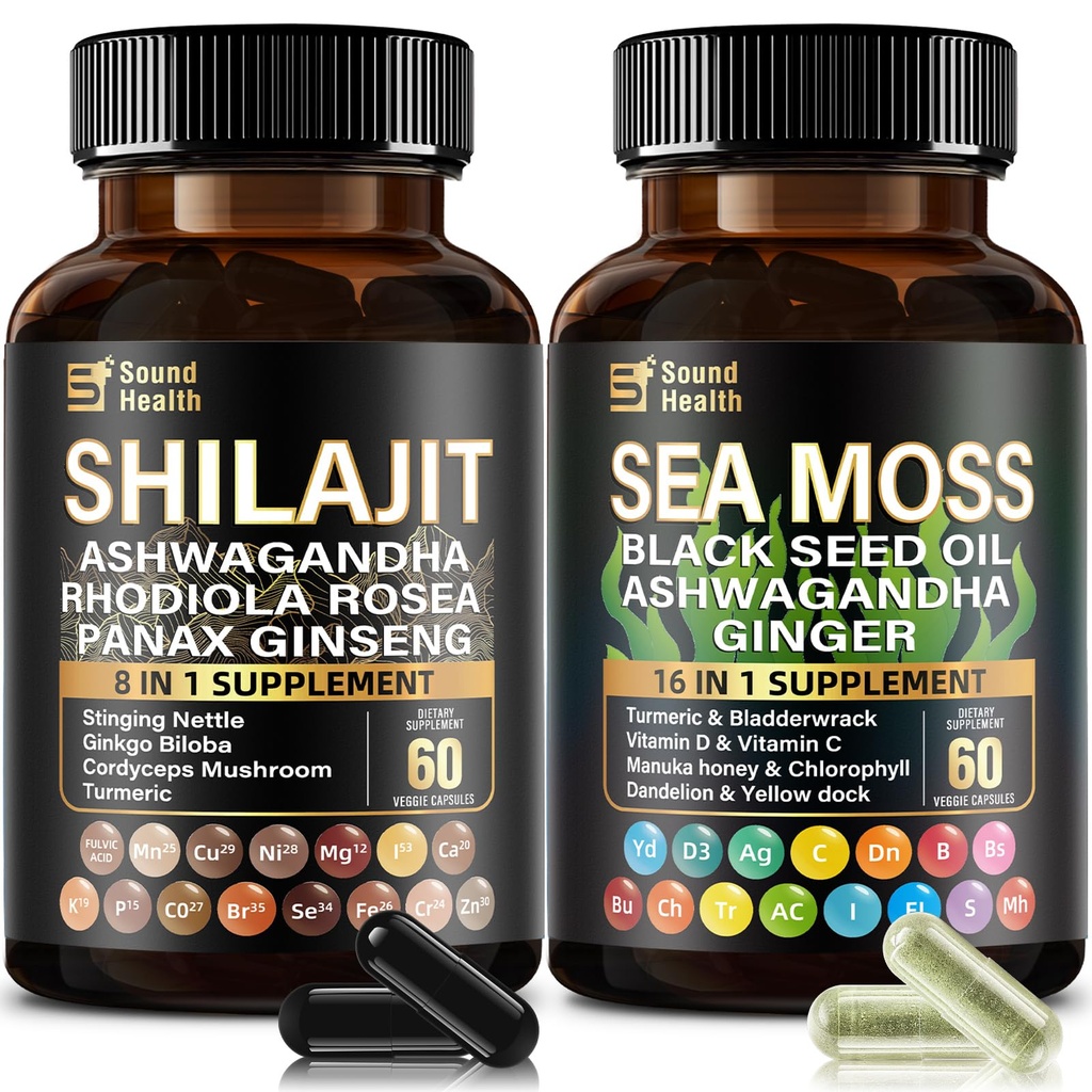 Irish Sea Moss & Shilajit Bundle for Natural Energy, Sleep Support & Hair Growth, Made with Black Seed Oil, Ashwagandha, Ginger, Rhodiola Rosea, Vitamins C & D, for Man & Women, All-in-1 Supplement
