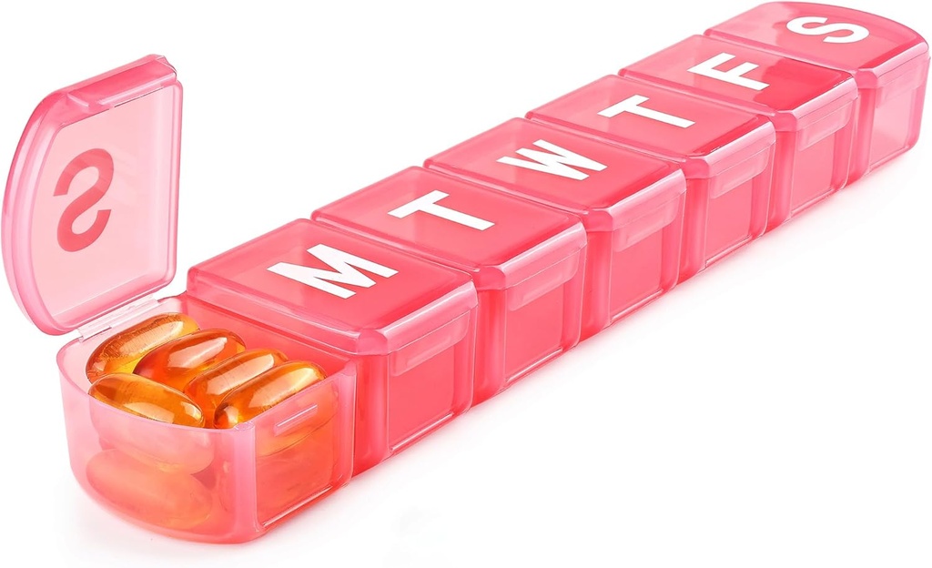 XL Weekly Pill Organizer 7 Day, MOLN HYMY Extra Large 1 Week Pill Dispenser Case, Daily Medicine Organizer pour maintenir les médicaments, les vitamines, les huiles de poisson et le supplément (Pink