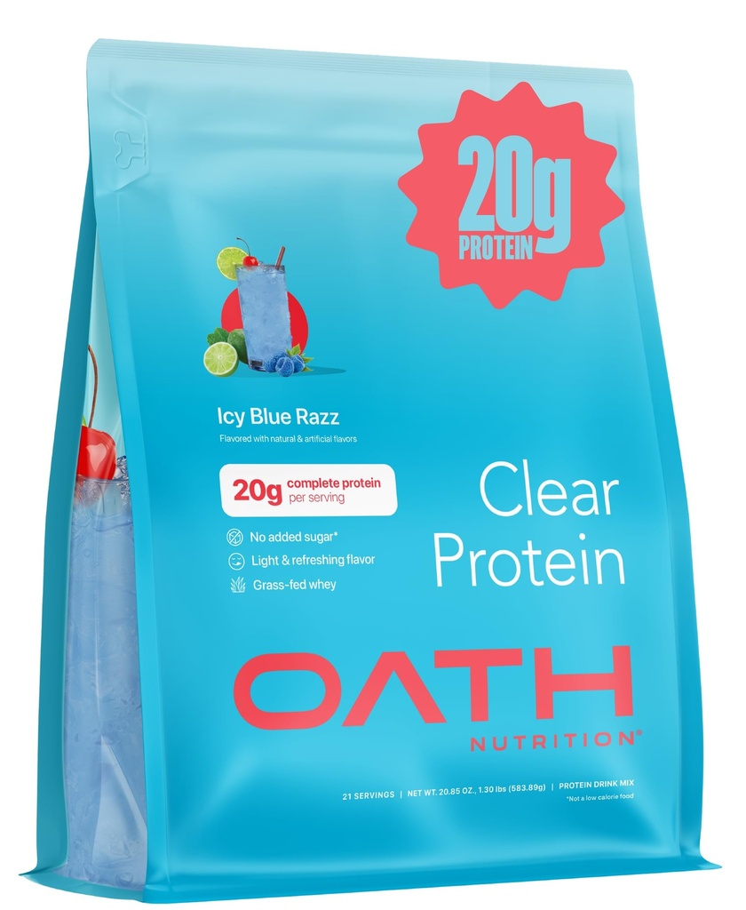 Oath Nutrition Poudre de protéines de lactosérum, ICA Blue Razz, 20g Protéines complètes par portion, Pas de sucre ajouté, herbe-feed, 21 portions