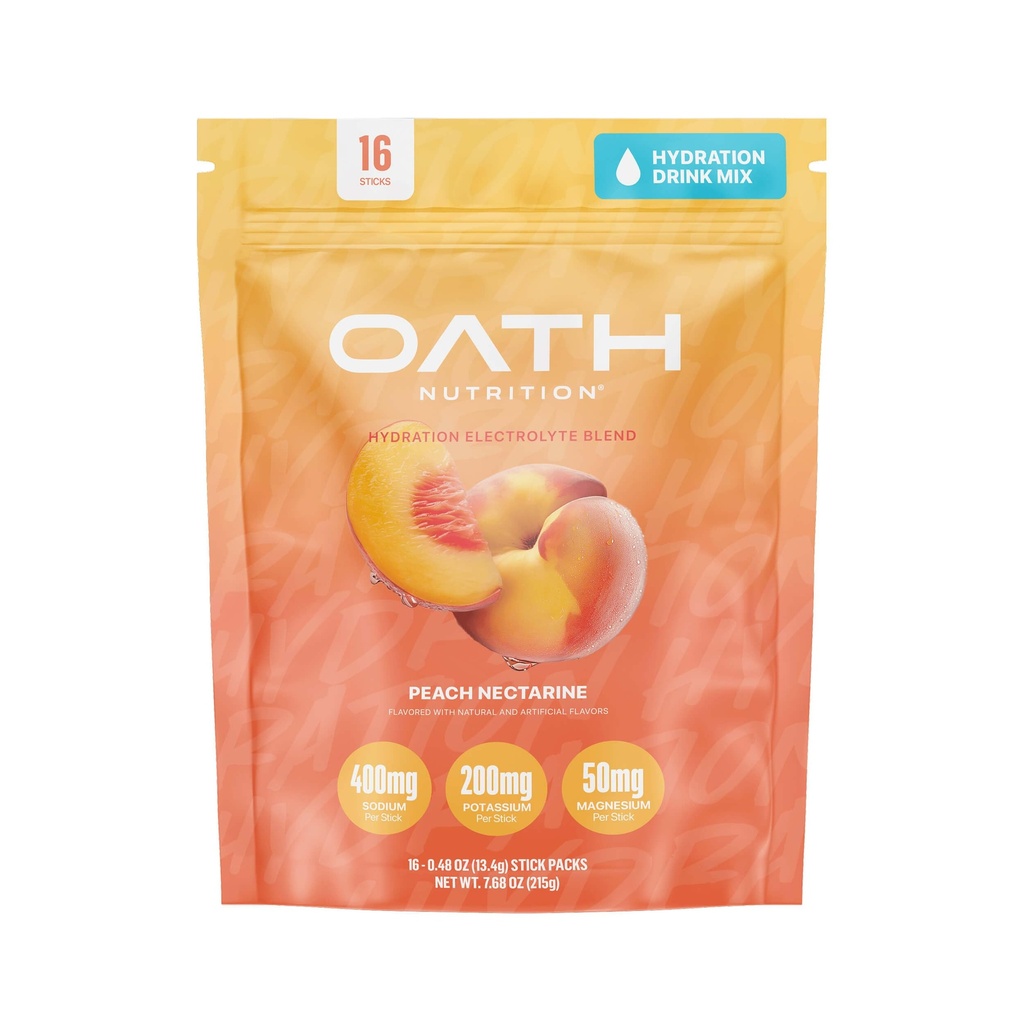 Oath Nutrition Hydratation Poudre d'électrolyte, Mélange d'électrolyte complet pour l'hydratation rapide et le soutien musculaire, 16 paquets mono-serve, nectarine de pêche