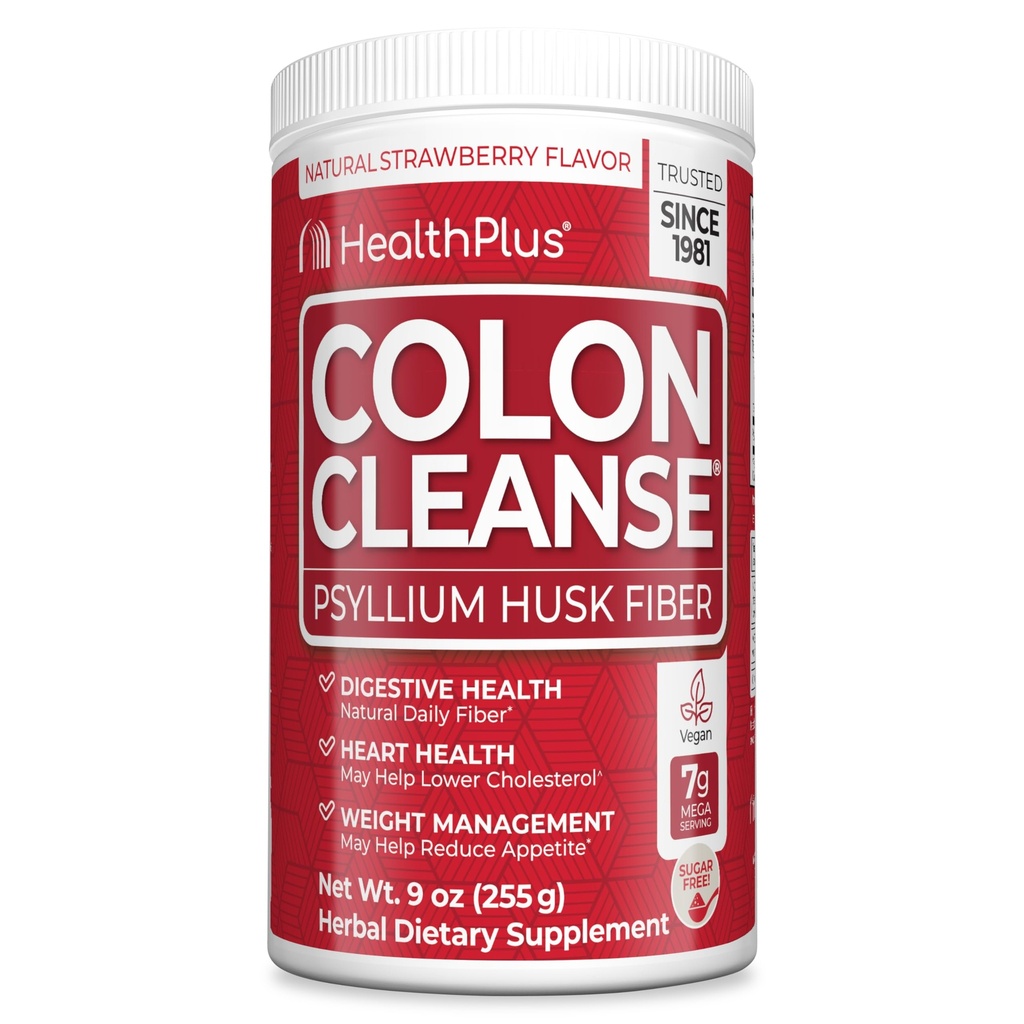 Health Plus Colon Cleanse Digestive Support | Nessun aroma artificiale | Fibra giornaliera per l'eliminazione della tossina Per ridurre Bloating | Psyllium Husk | Fragola Flavor | 9 once, 36 Servings