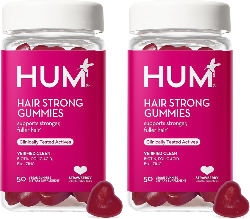 HUM Hair Strong - Daily Gummies with Biotin to Improve Hair Growth - Fo Ti, Folic Acid, Zinc, Vitamin B12 & PABA to Support Healthy Hair, Skin and Nails for Women and Men (50-Day Supply)