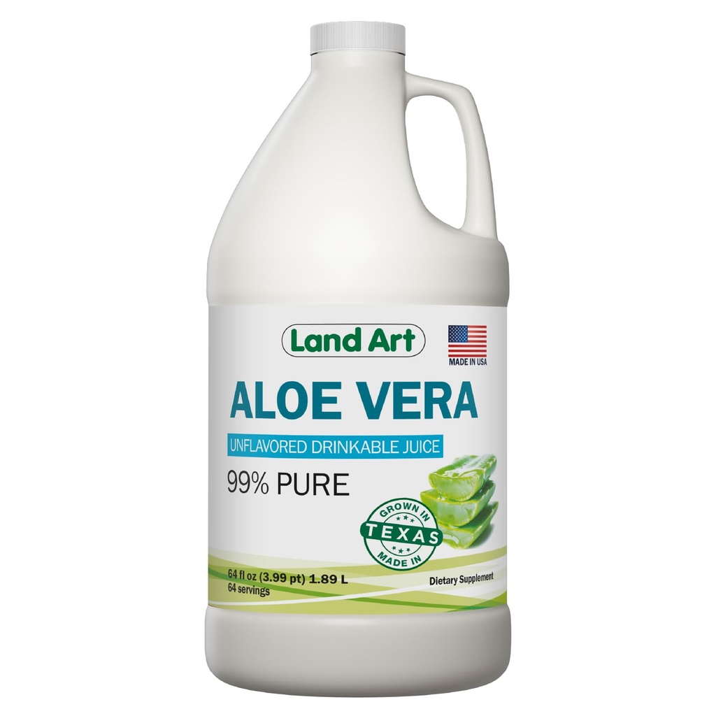 Land Art - Pure Aloe Vera Juice Unflavored – Cold-Processed - 99,7% Organic Aloe Vera Inner Fillet aus frischen Texas Blättern – Verdauungsgesundheit, Detox und natürliches Wellness – 64 fl oz