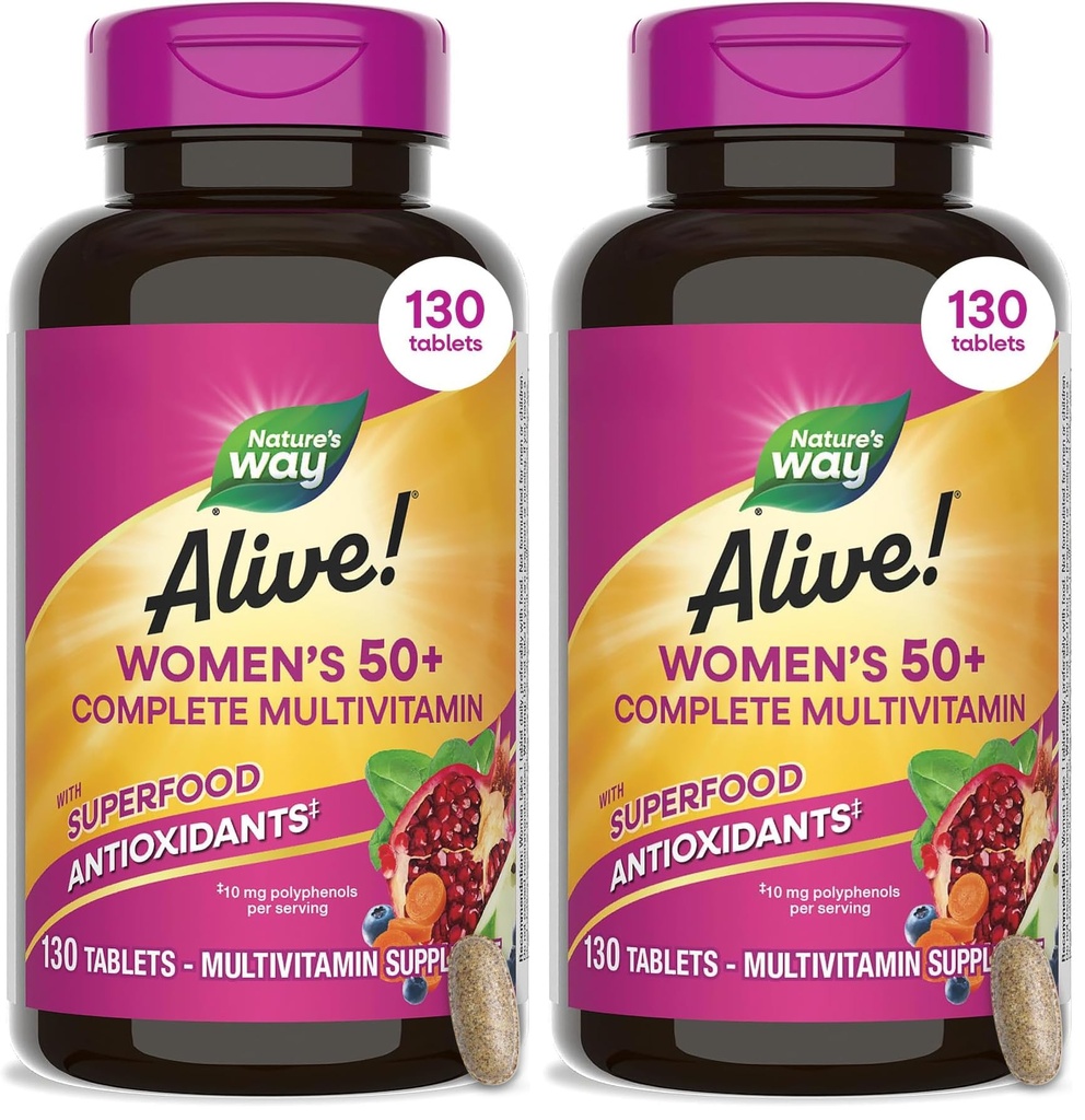 Nature's Way Alive! Women's 50+ Complete Multivitamins, Supports Healthy Heart, Brain, Bones*, Superfood Antioxidants, B-Vitamins, Gluten Free, 130 Tablets (Packaging May Vary),(Pack of 2)